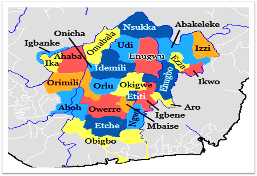 Map showing a geographical area occupied by Igbo people and some selected towns.