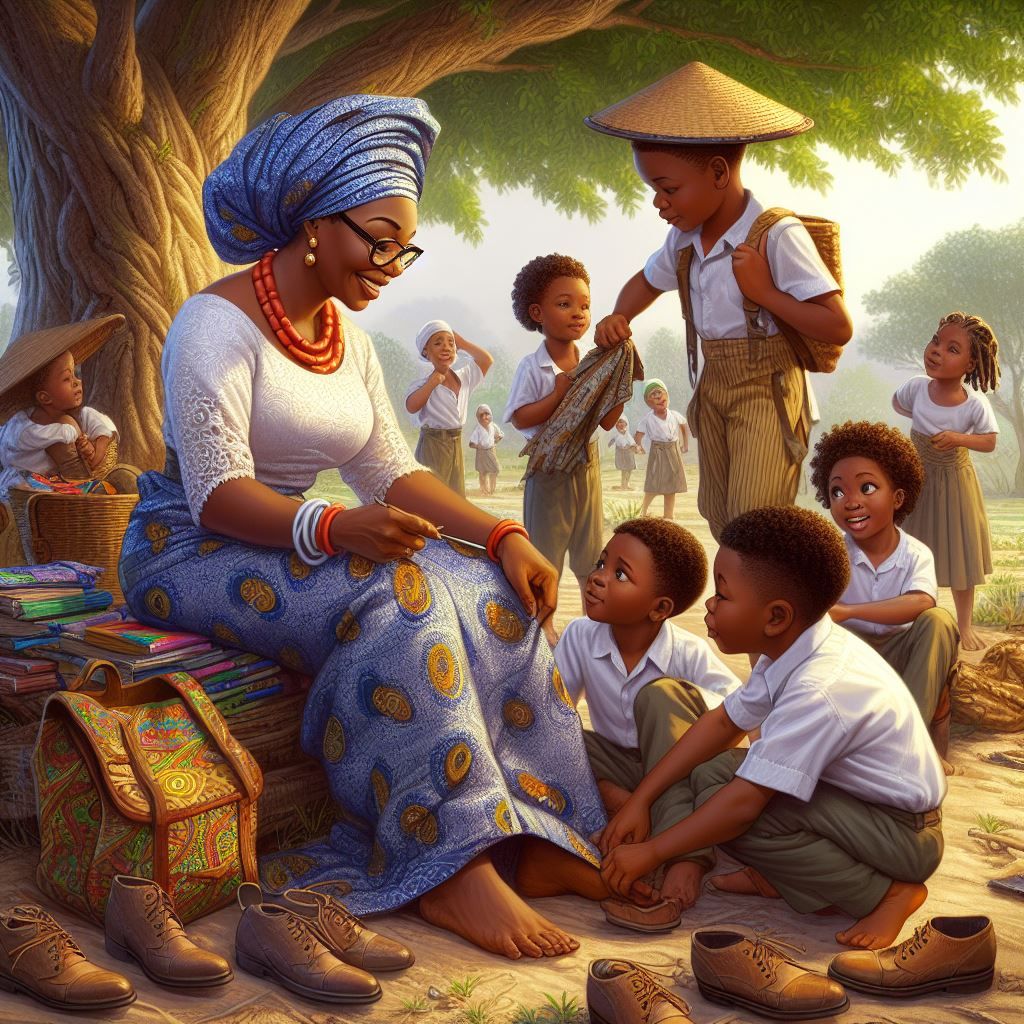 An Igbo female teacher telling stories to children while under a tree. 