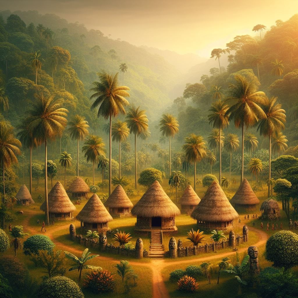 Artist impression of Igboland with huts, palm trees, breadfruit trees, mango trees, forests and people.