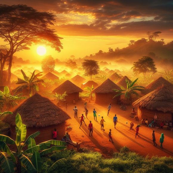 An AI generated rising sun in Igboland, showing huts, people and children playing.