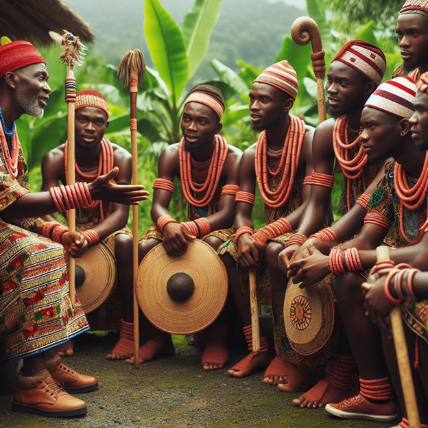 An Igbo elder speaking to Igbo youths aa dressed in traditional wears. 